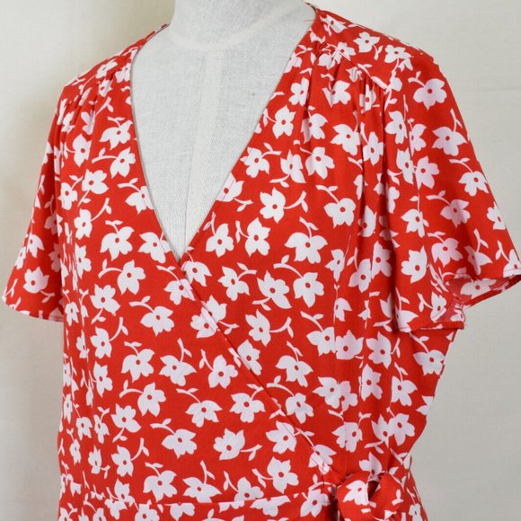 NWT J.CREW Dress 14 Red Floral Print Wrap Machine Wash - Picture 2 of 6